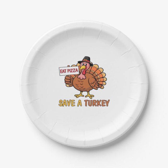Save A Turkey Eat Pizza Funny Thanksgiving Oversiz Paper Plate (Front)