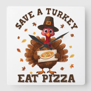Save a Turkey Eat Pizza – Funny Thanksgiving Pizza Square Wall Clock