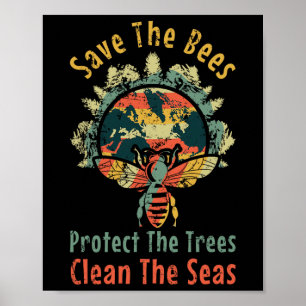 Save Bees Clean Sea Save Nature Oceans Day Vintage Poster