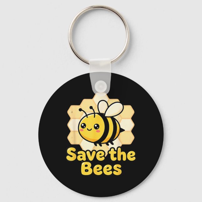 Save Bees Cute Bee Honeycomb Environmental Earth Key Ring (Front)