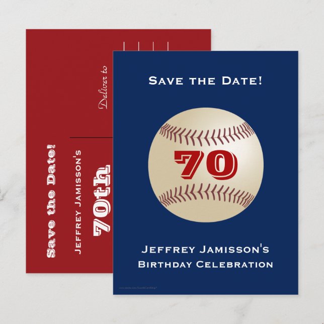 Save Date 70th Birthday Party Baseball Announcement Postcard (Front/Back)