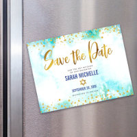 Save Date Bat Mitzvah Gold Turquoise Watercolor