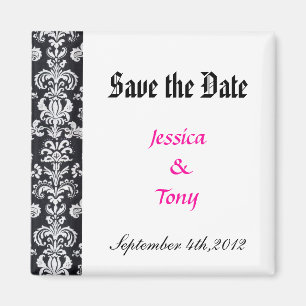 save date, black damask magnet