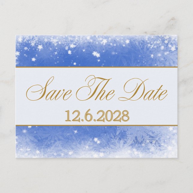 Save Date Blue Gold Snowflakes Corporate Holiday  Postcard (Front)