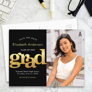 Save date graduation photo gold black typography invitation postcard
