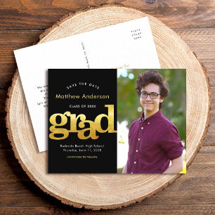 Save date graduation photo, gold typography, black invitation postcard
