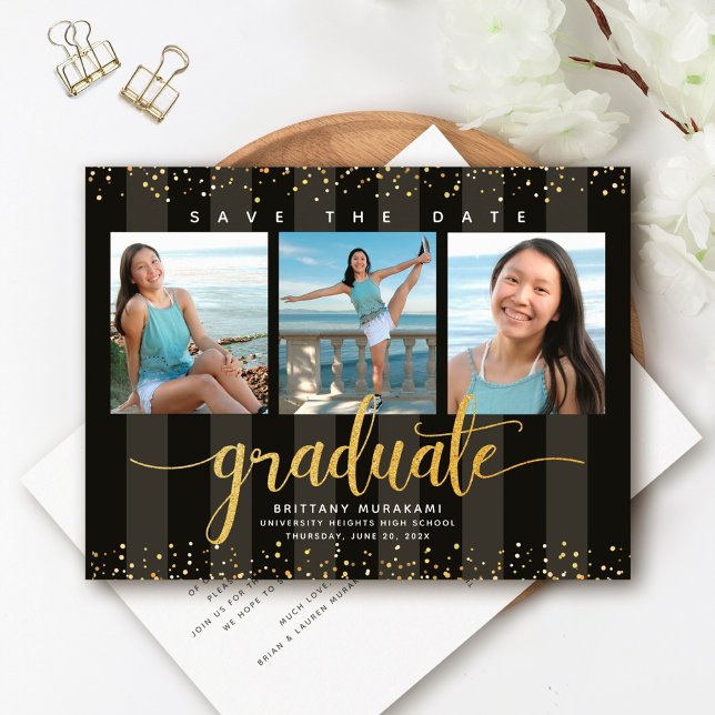 Save date graduation photo modern chic black gold invitation postcard (Creator Uploaded)