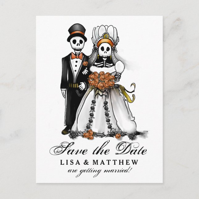 Save Date Halloween Skeletons Orange PostCard (Front)