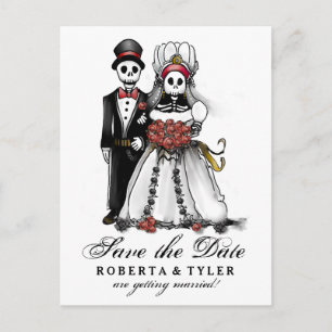 Save Date Halloween Skeletons Red PostCard