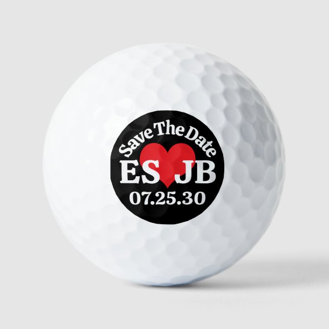 SAVE DATE Red Heart MONOGRAMS Black Background Golf Balls (Front)