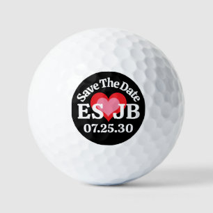 SAVE DATE Red Pink Heart MONOGRAM Black Background Golf Balls