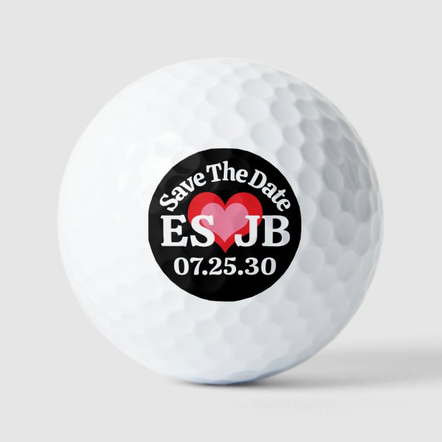 SAVE DATE Red Pink Heart MONOGRAM Black Background Golf Balls (Front)