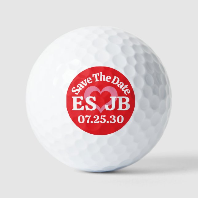SAVE DATE Red Pink Heart MONOGRAMS Red Background Golf Balls (Front)