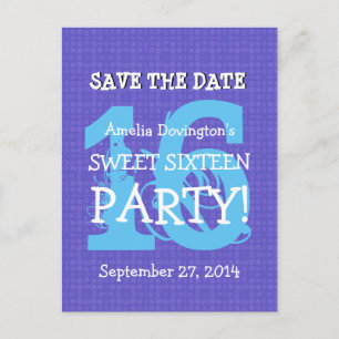 Save Date Sweet 16 Purple Blue Birthday Party V06 Announcement Postcard