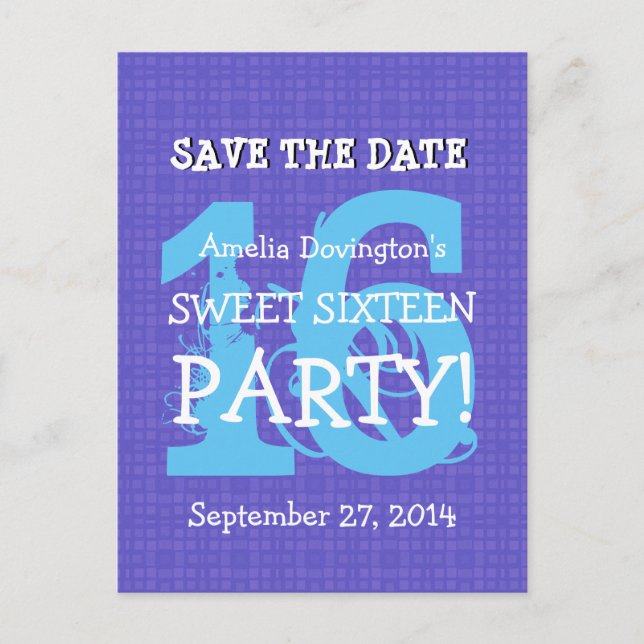 Save Date Sweet 16 Purple Blue Birthday Party V06 Announcement Postcard (Front)