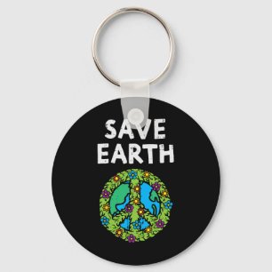 Save Earth Peace Symbol Sign Flowers Environmental Key Ring