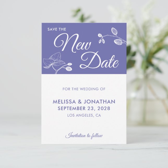 Save New Date wedding postponement floral purple (Standing Front)