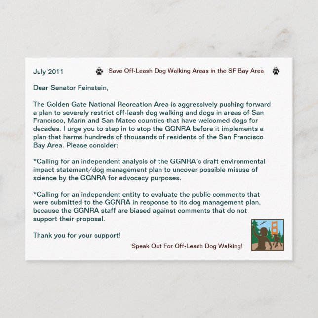 Save Off Leash Dog Walking Senator Feinstein Postcard (Front)