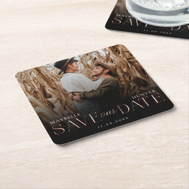Save Our Date | Black & Rose Gold Couple Photo Square Paper Coaster (Angled)