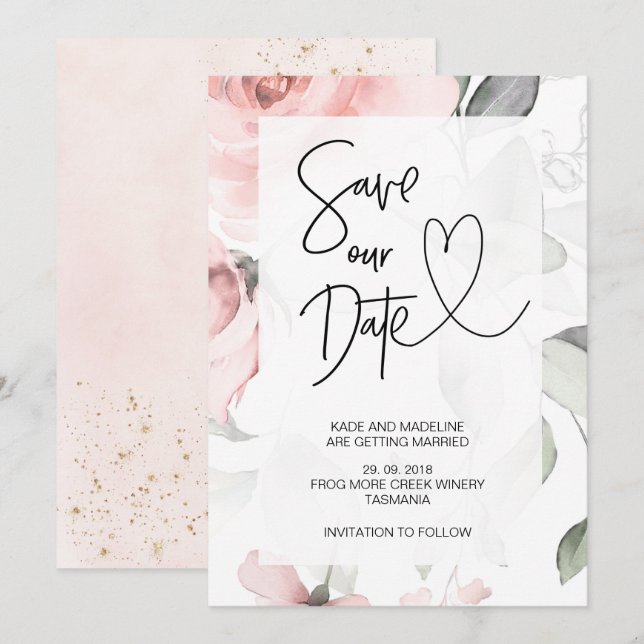 Save Our Date Cute Pink Floral Elegant Wedding Invitation (Front/Back)