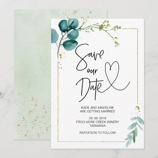 Save Our Date Green Eucalyptus Elegant Wedding Invitation (Front/Back)