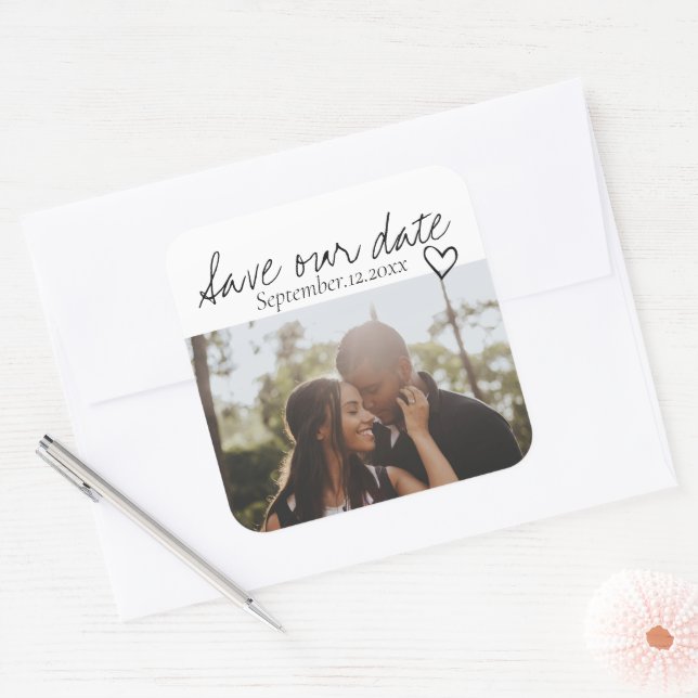 Save Our Date Handwritten Personalised Photo Square Sticker (Envelope)
