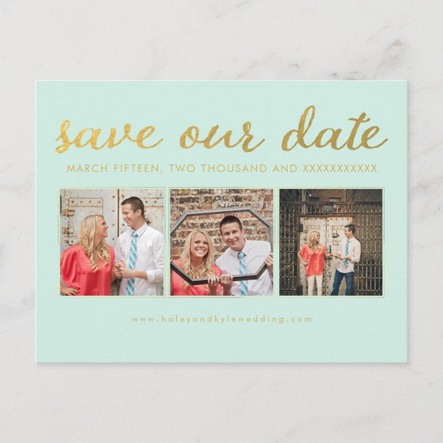 Save our Date Mint Gold Typography Photo Postcard (Front)