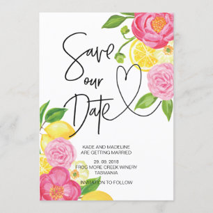 Save Our Date Pink and Lemon Floral Wedding Invitation