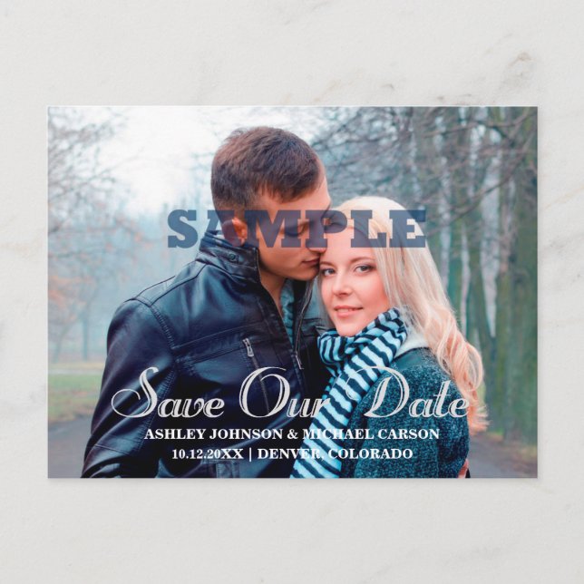 Save Our Date Silver Typography Photo Wedding Announcement Postcard (Front)