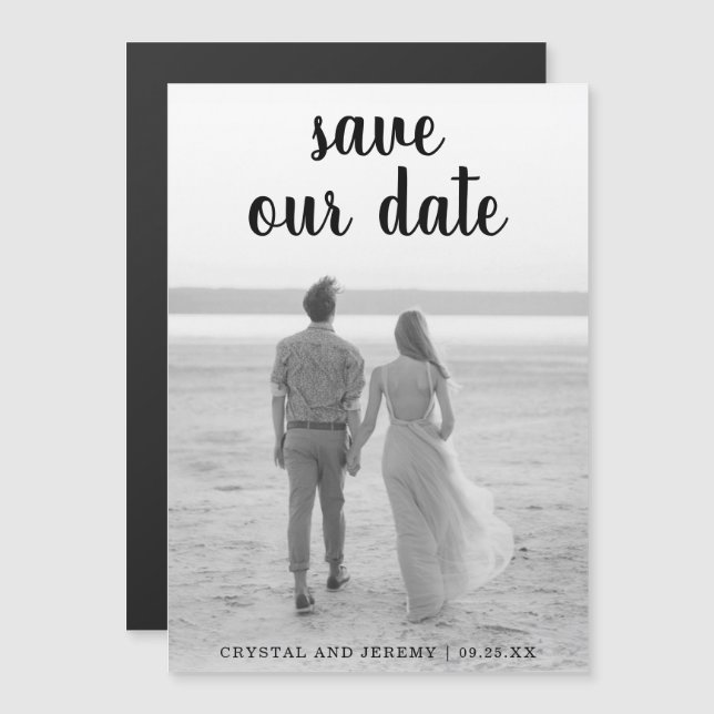 Save Our Date Thick Black Script Handwriting Photo Magnetic Invitation (Front/Back)