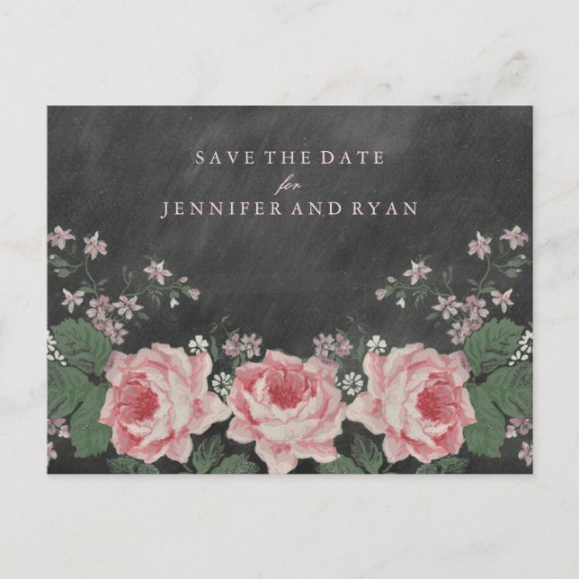 SAVE OUR DATE | Vintage Chalkboard Rose Announcement Postcard (Front)