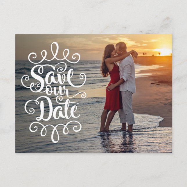 Save Our Date Wedding | Handwritten Ornate Script Postcard (Front)