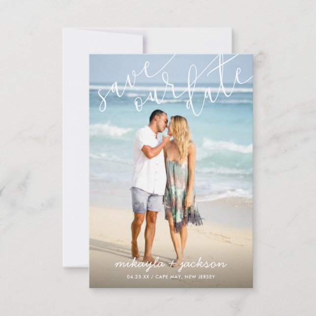 Save Our Date White Script Wedding Announcement (Front)