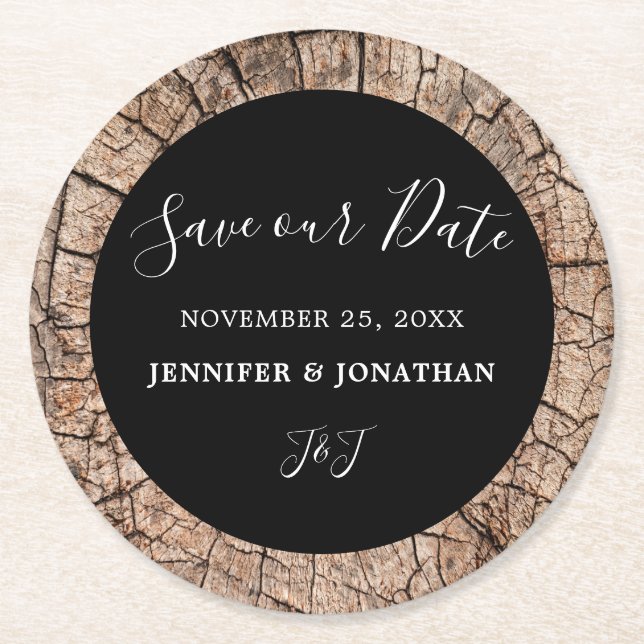Save our date Wood Grain Rustic Wedding Round Paper Coaster (Front)