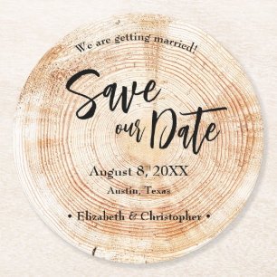 Save our date Wood grain Wedding Rustic  Round Paper Coaster