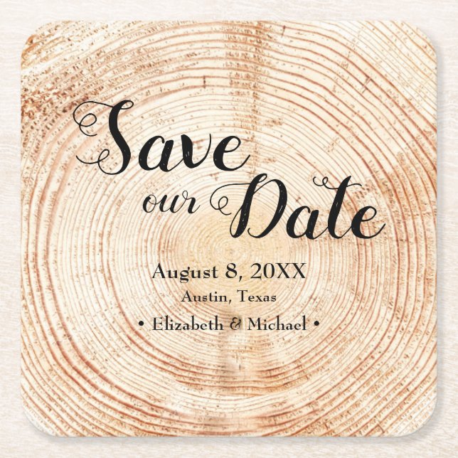 Save our date Wood grain Wedding Rustic  Square Paper Coaster (Front)