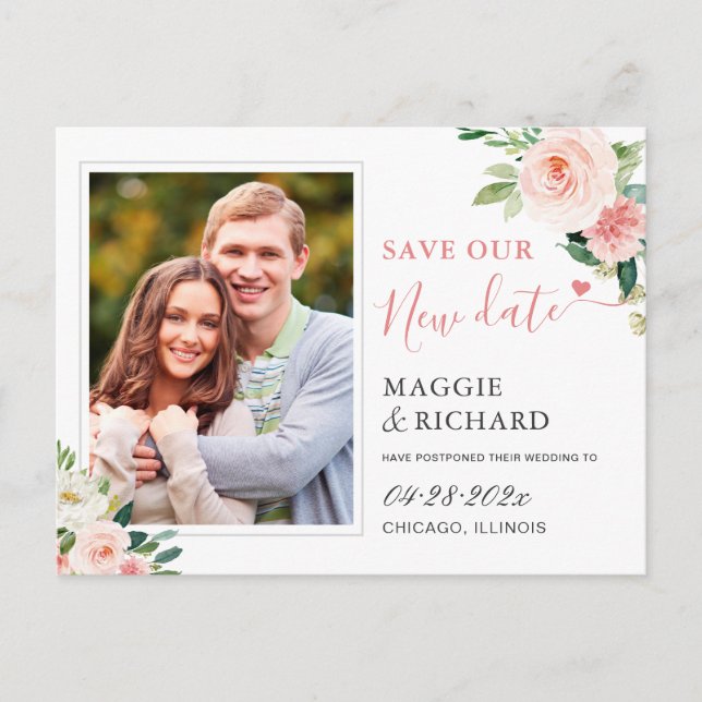 Save Our New Date Blush Pink Chic Floral Photo Postcard (Front)