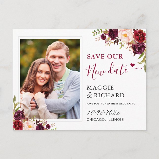 Save Our New Date Burgundy Red Floral Photo Postcard (Front)