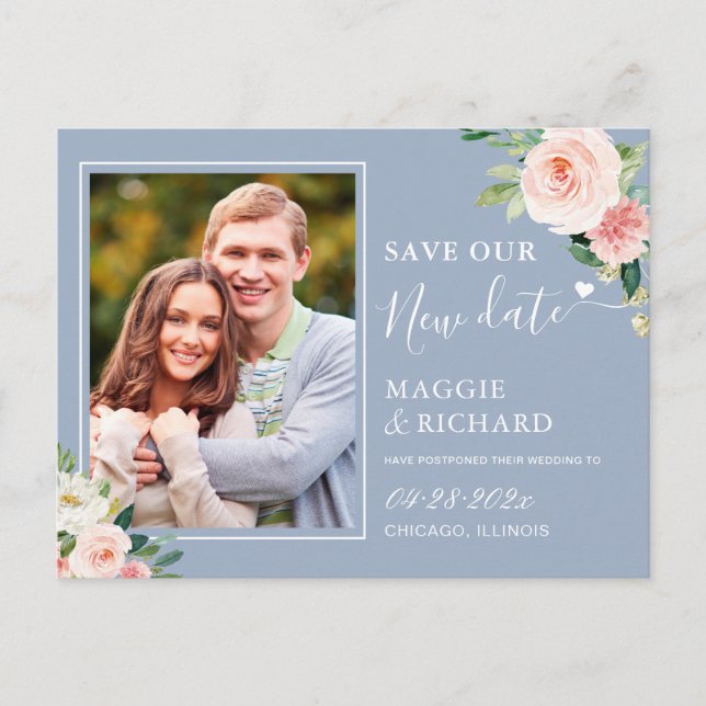 Save Our New Date Dusty Blue Blush Pink Floral Postcard (Front)