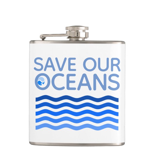 Save Our Oceans Blue Stylised Earth Waves Hip Flask (Front)