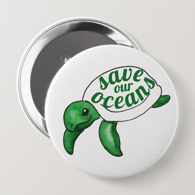 Save Our Oceans Cute Turtle 10 Cm Round Badge (Front & Back)