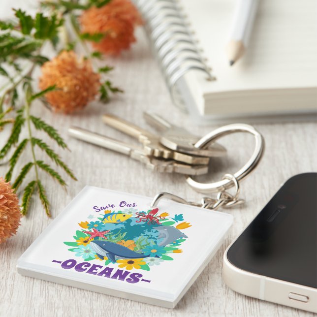 Save our oceans Flower Whale Colourful Design Eart Key Ring (Front Right)