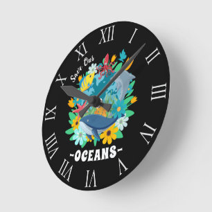 Save our oceans Flower Whale Colourful Design Eart Round Clock