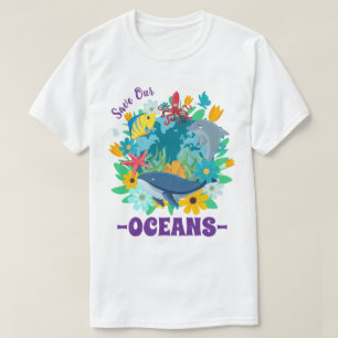 Save our oceans Flower Whale Colourful Design Eart T-Shirt