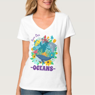 Save our oceans Flower Whale Colourful Design Eart T-Shirt
