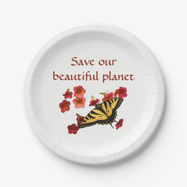 Save Our Planet Butterfly Flowers Paper Plate (Front)