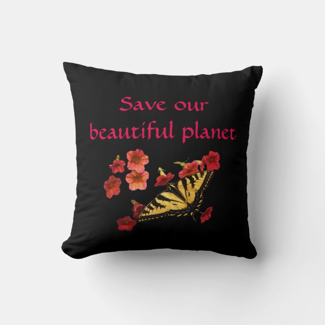 Save Our Planet Butterfly Flowers Red Black Pillow (Front)