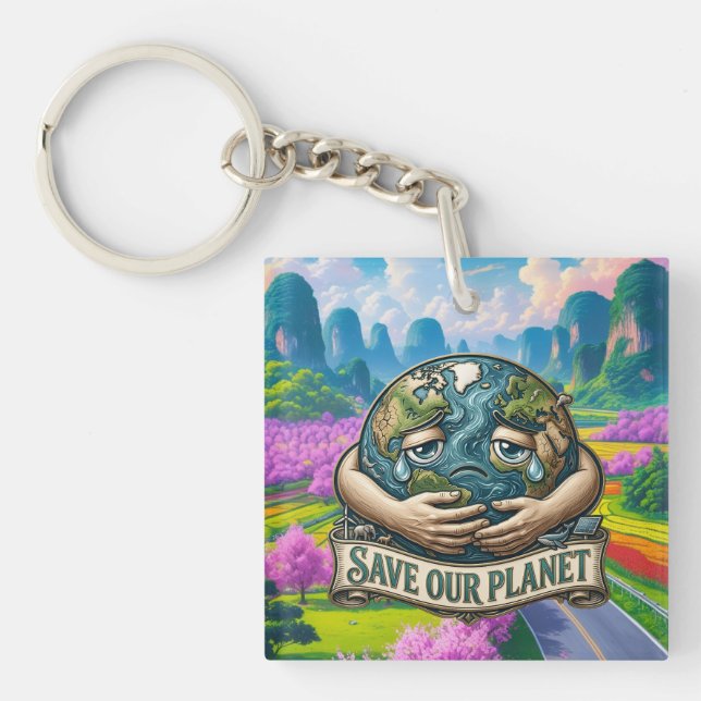 Save Our Planet Crying Earth Eco Awareness  Key Ring (Front)