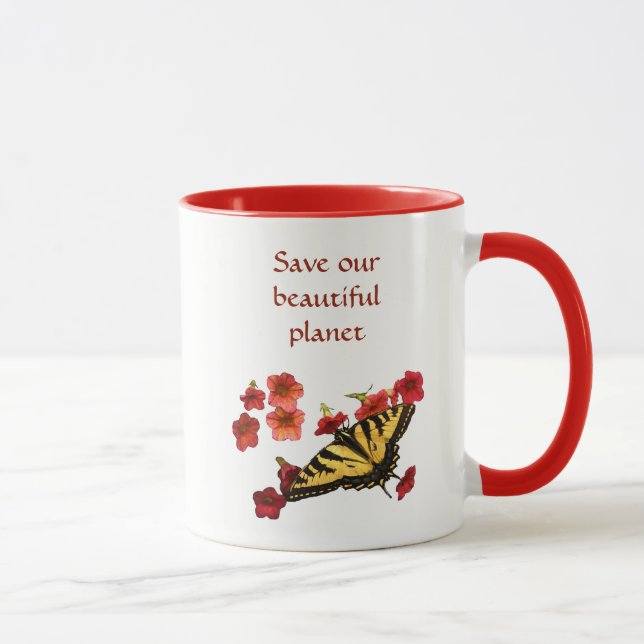 Save Our Planet Yellow Butterfly Red Flowers Mug (Right)