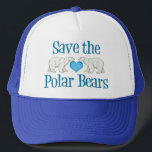 Save Polar Bears Cute Blue White Trucker Hat<br><div class="desc">Wild animal activists will love this cute blue and white polar bear gift. This hat features two beautiful polar bears walking towards each other with a pretty blue heart in the center with Save the Polar Bears written in winter blue on a blue cap.</div>